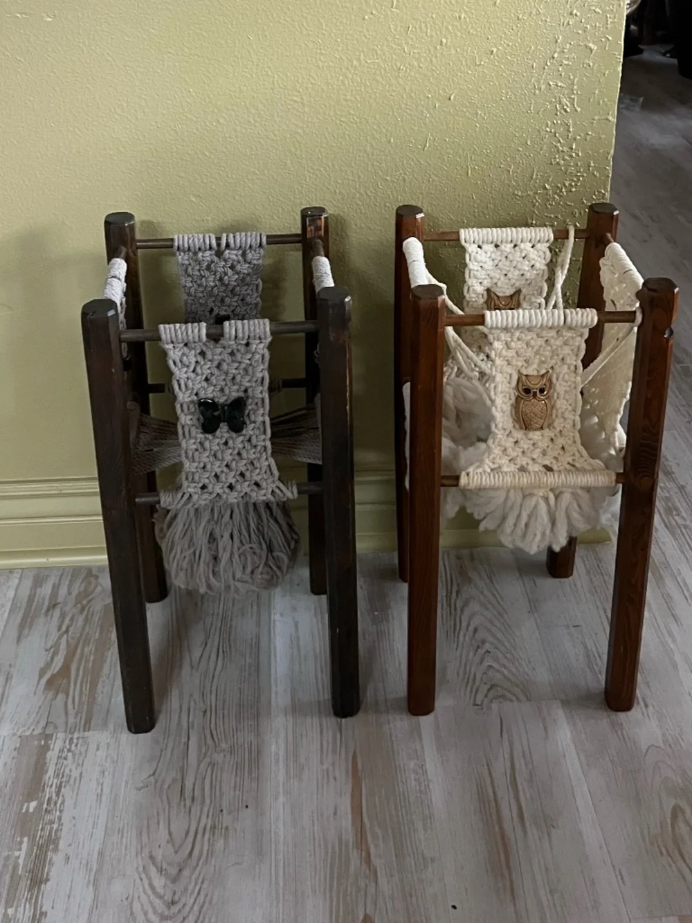 Vintage Handmade wooden and macrame plant stands featuring a woven owl pattern